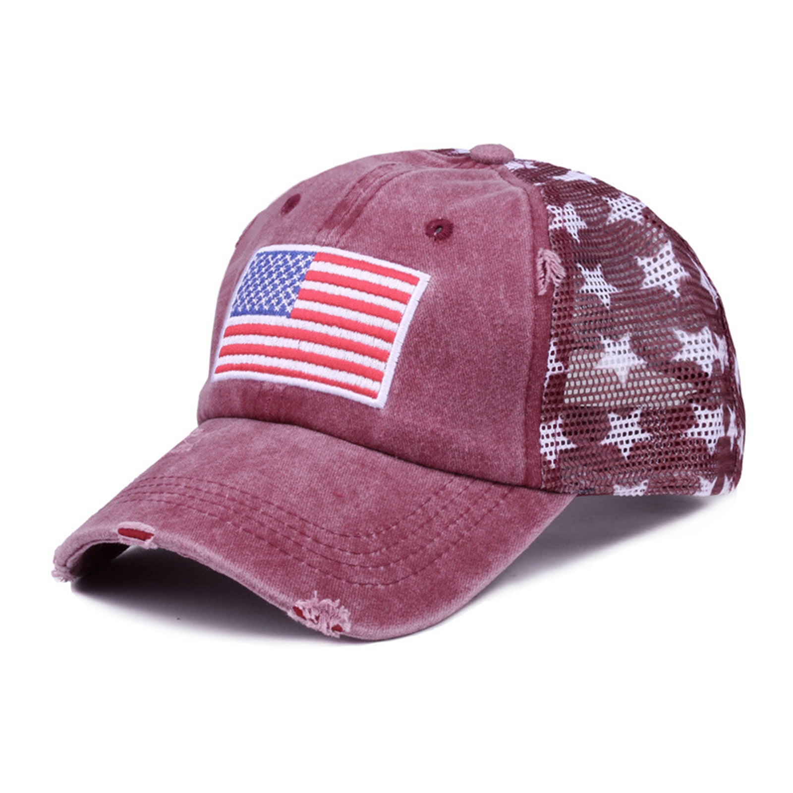 Outdoor American Flag, Black Iron on Patch, 28 in Vintage Washed Sun Hat, Fourth of July Accessories, Maroon, Distressed Finish, 1 Pc