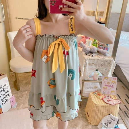 

CoCopeaunt Womens Summer Cotton Wide Suspender Shorts StudentCute Cartoon Pajamas Ins Princess Bow Thin Suit Pajama Set Women Kawaii