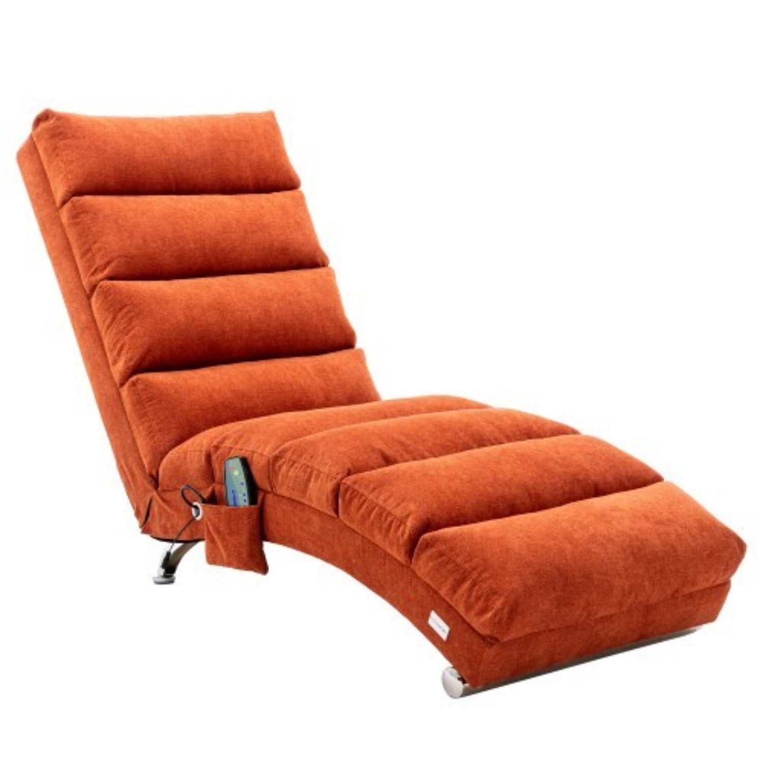 Upholstered Chaise Lounge Chair with Vibration, Modern Fabric Leisure Recliner with Ergonomic Fixed Back, Side Pocket & Lumbar Pillow, 300 lbs Capacity, Orange