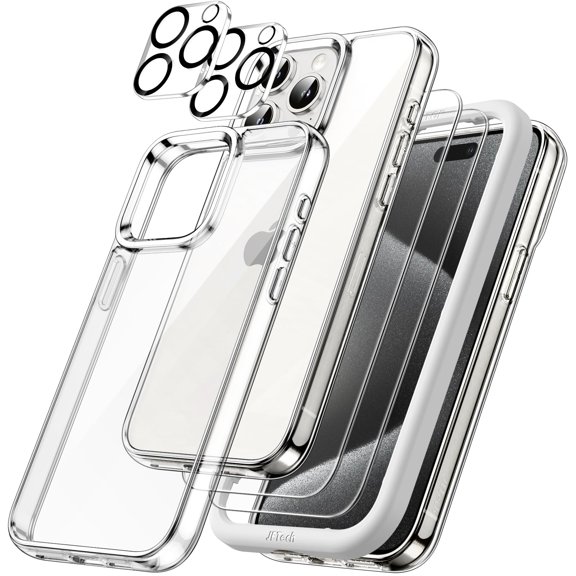 JETech 5 in 1 Case for iPhone 15 Pro Max 6.7-Inch with 2-Pack Each Tempered Glass Screen Protector and Camera Lens Protector, Non-Yellowing Shockproof Bumper Phone Cover (Clear)