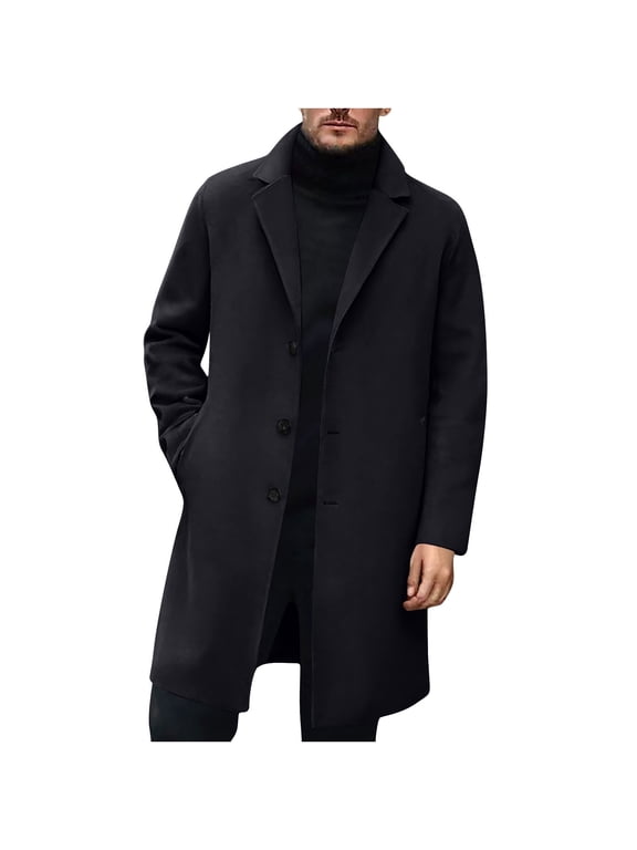 Mens Mid-Length Trench Coat Winter Lapel Long Sleeve Warm Overcoat Casual Long Jacket