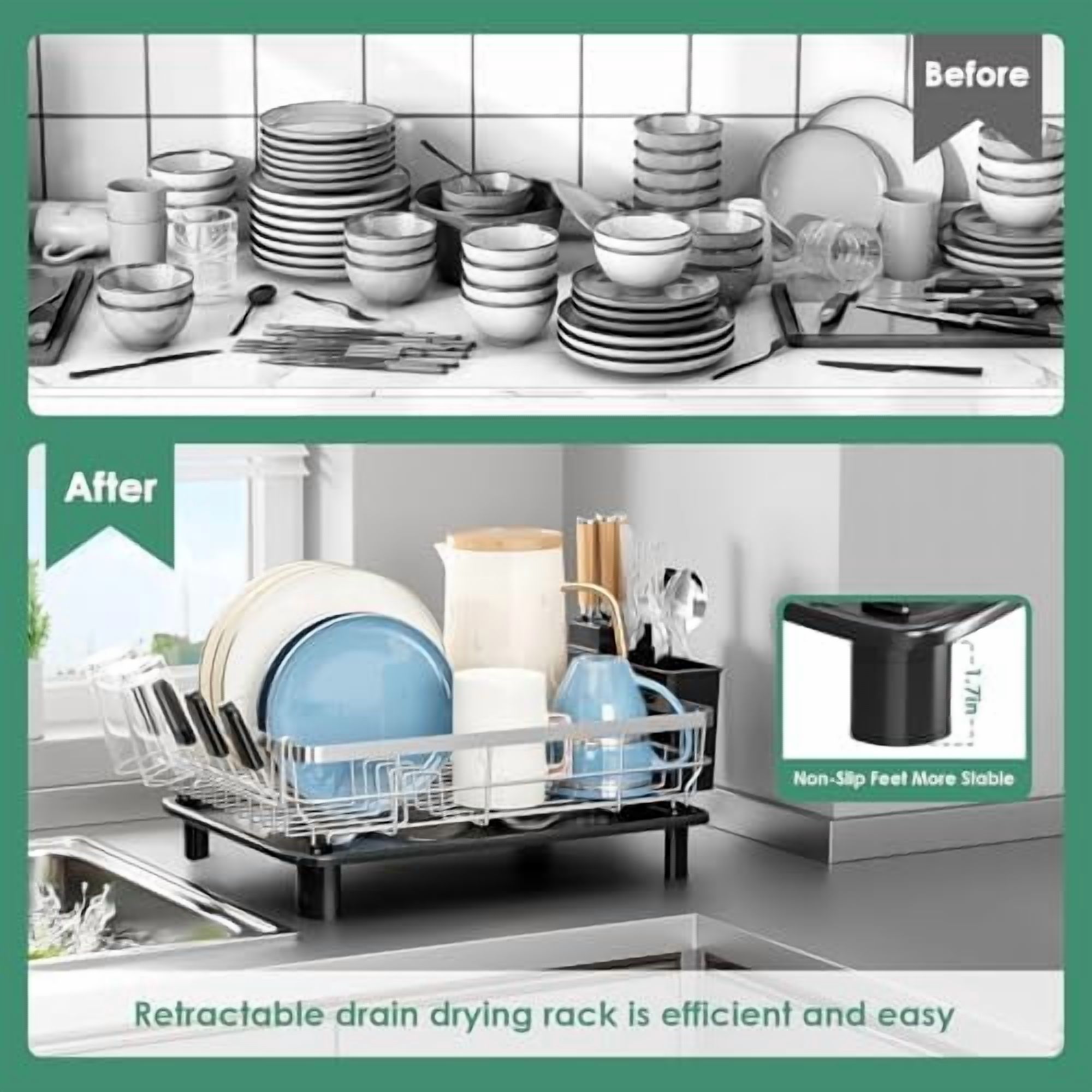 Dish Drying Rack, Dish Rack, Stainless Steel Dish Racks for Kitchen Counter, Dish Drainer with Removable Utensil Holder, Drainboard (Black,Stainless Steel,13''W x 17''L)