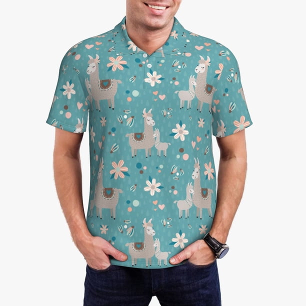 Fotbe Teal Mama Llama Camiseta Polo de Golf para Hombre con Estampado – Camisa Deportiva Transpirable con Cuello Abotonado-Small