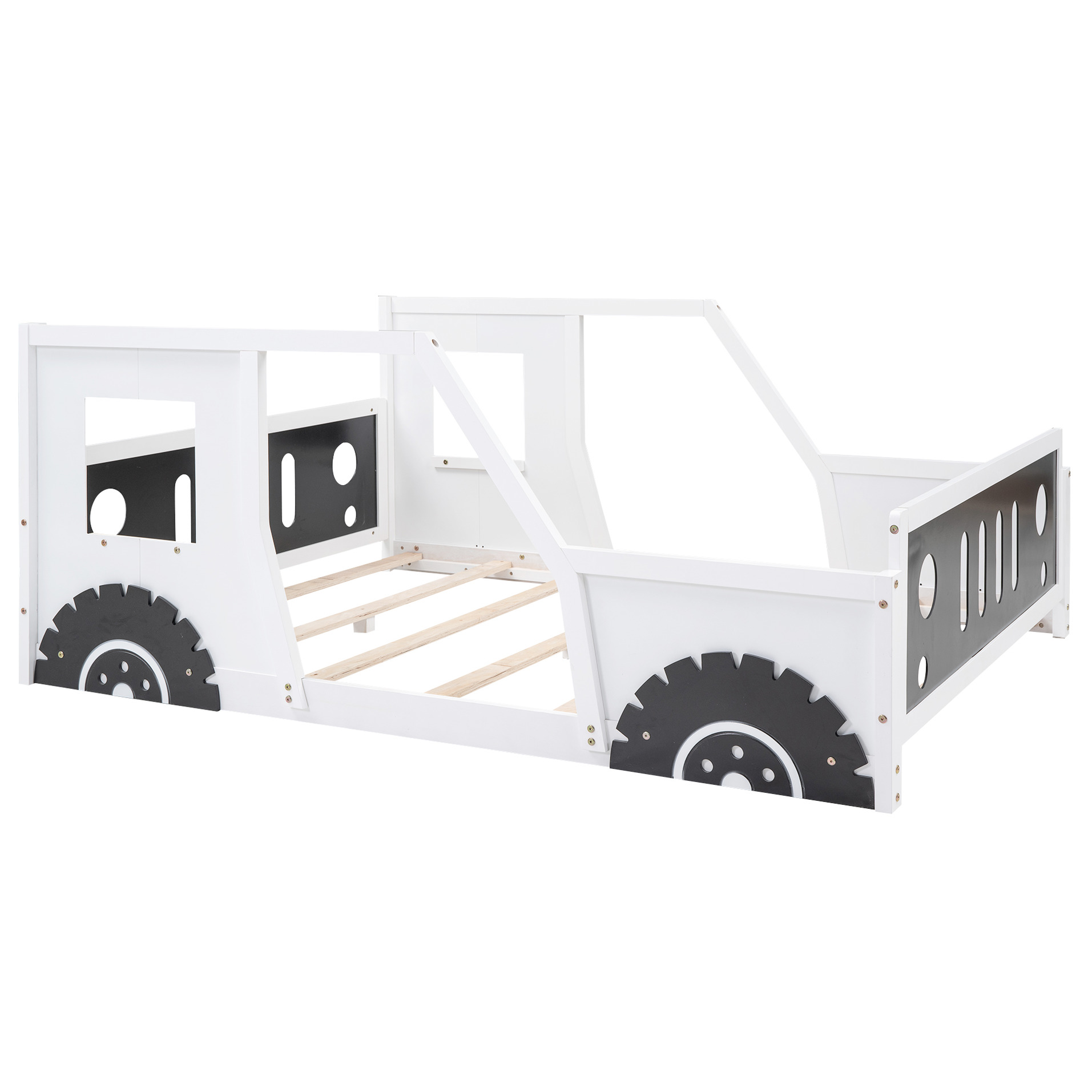 Full Size Car-shaped Platform Bed In White - Constructed With Pine Wood And For Long-term Use Classic Car Wheels, Construction