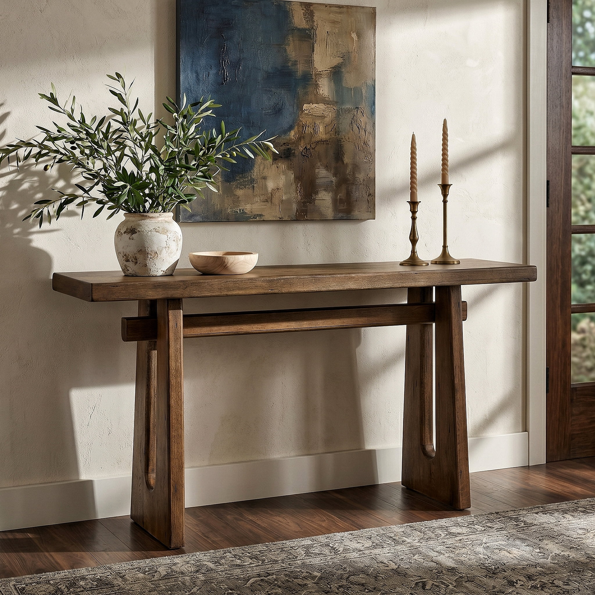 Euroco 59" Solid Wood Console Table, Modern Sofa Table Behind Couch, Narrow Entryway Table with Geometric Silhouette for Living Room,Hallway,Walnut Brown