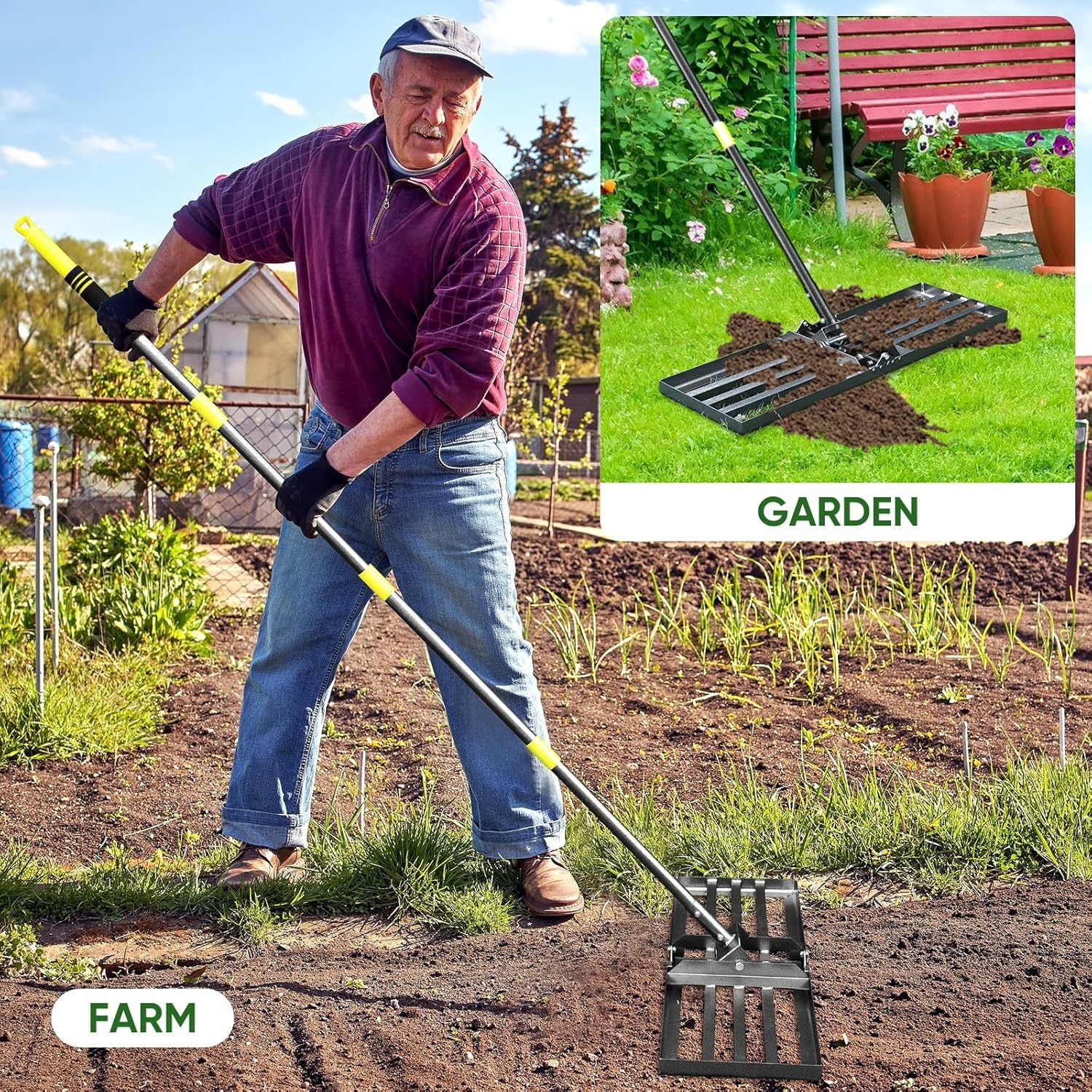 General Lawn Leveling Rake, 17x10 Heavy Duty Lawn Leveler Tool for Lawns with 6FT Ergonomic Handle, Yard Garden Golf Course