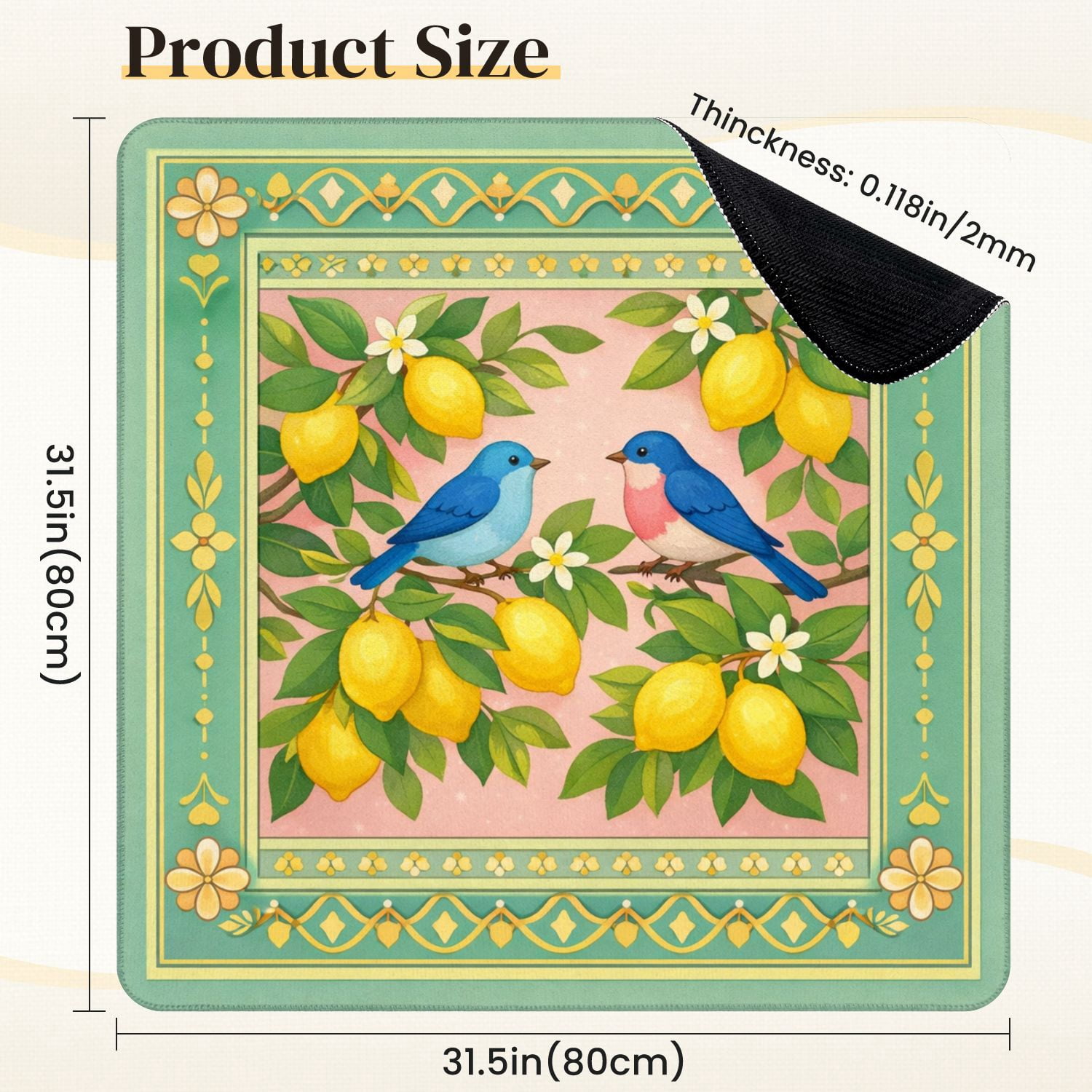 Mahjong Mat 31.5" x 31.5" Colorful Birds Lemons Floral Accents Non-Slip Noise Reduction Mahjong Tiles Table Cover for Dominoes Poker Card Board and Tile Games