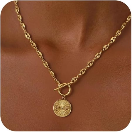 XC Chunky Gold Necklace for Women, Simple 14K Gold/Silver Plated Circle Pendant Choker Necklaces Trendy Dainty Heart Chain Toggle Clasp Necklace Jewelry Gift for Women