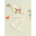 thumbnail image 5 of Aojekbee Little Girls Birthday Outfit Sets Flying Sleeve Letter Embroidery Tops Solid Color Flared Pants Sets, 5 of 10