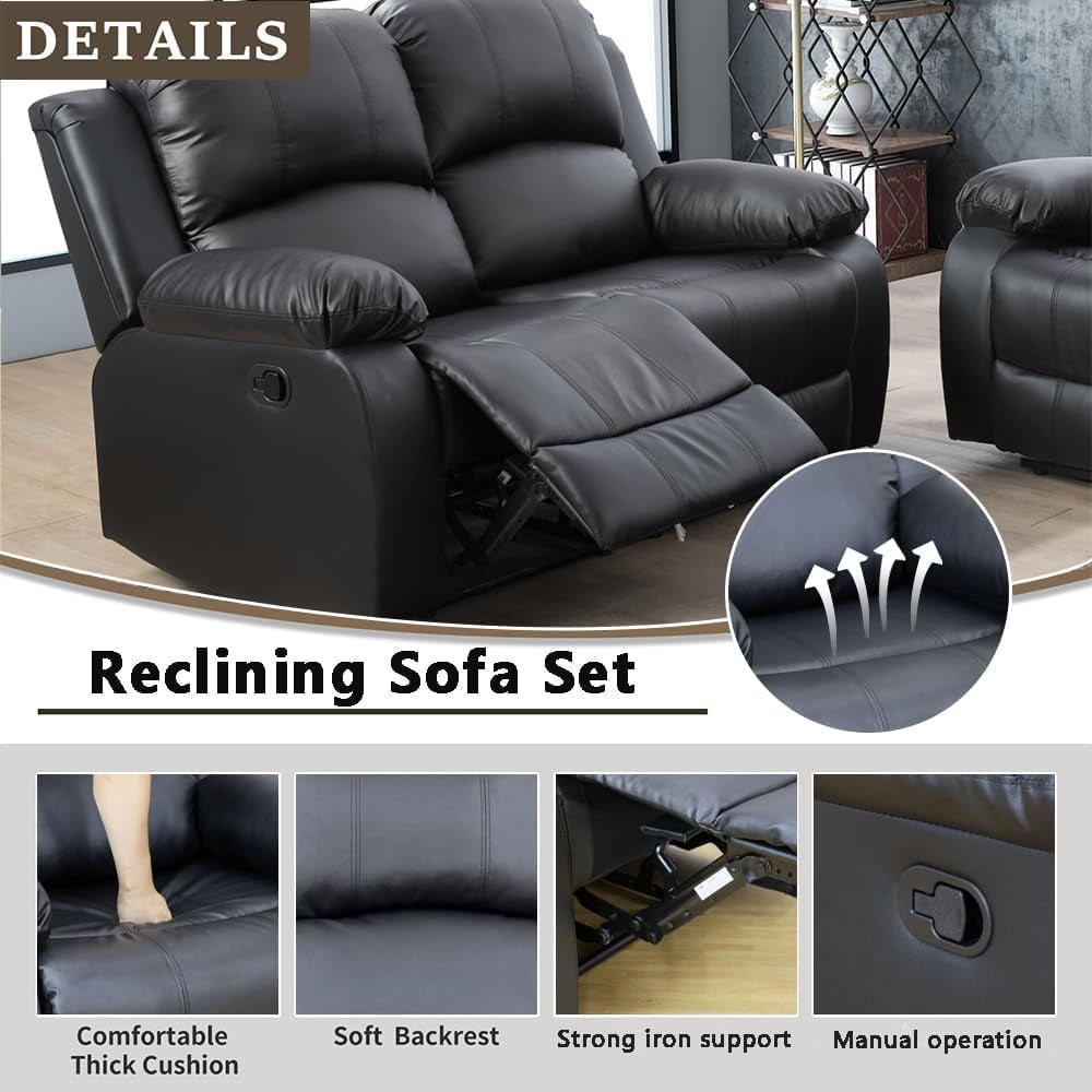 TrumanPick Manual Leather Recliner Chair,2 Seats Overstuffed Rocker Armchair Home Theater Sofa Recliner for Living Room,Black