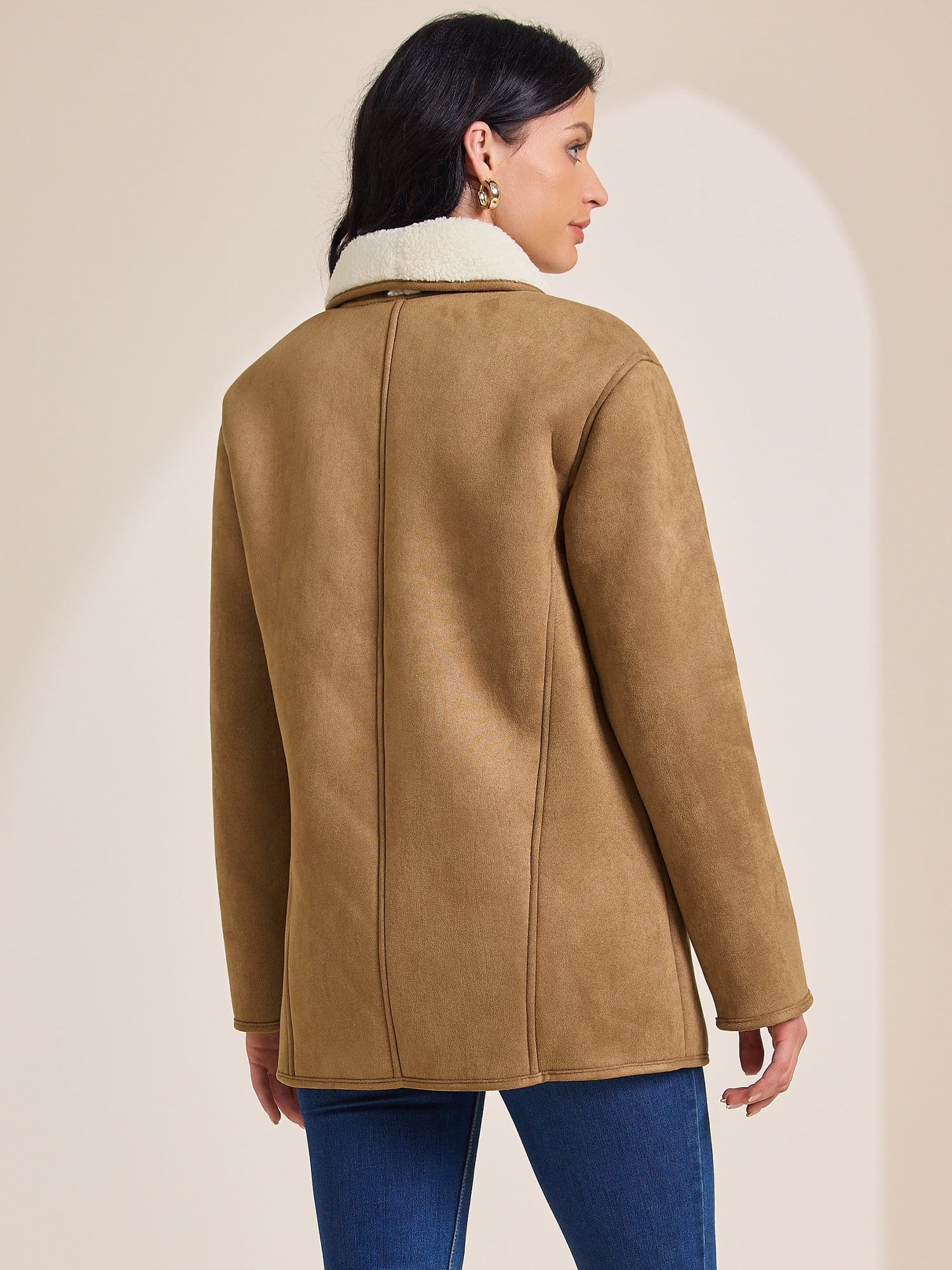DARING DIVA Women's Suede Button Down Lapel Fleece Jacket With Pockets M Brown