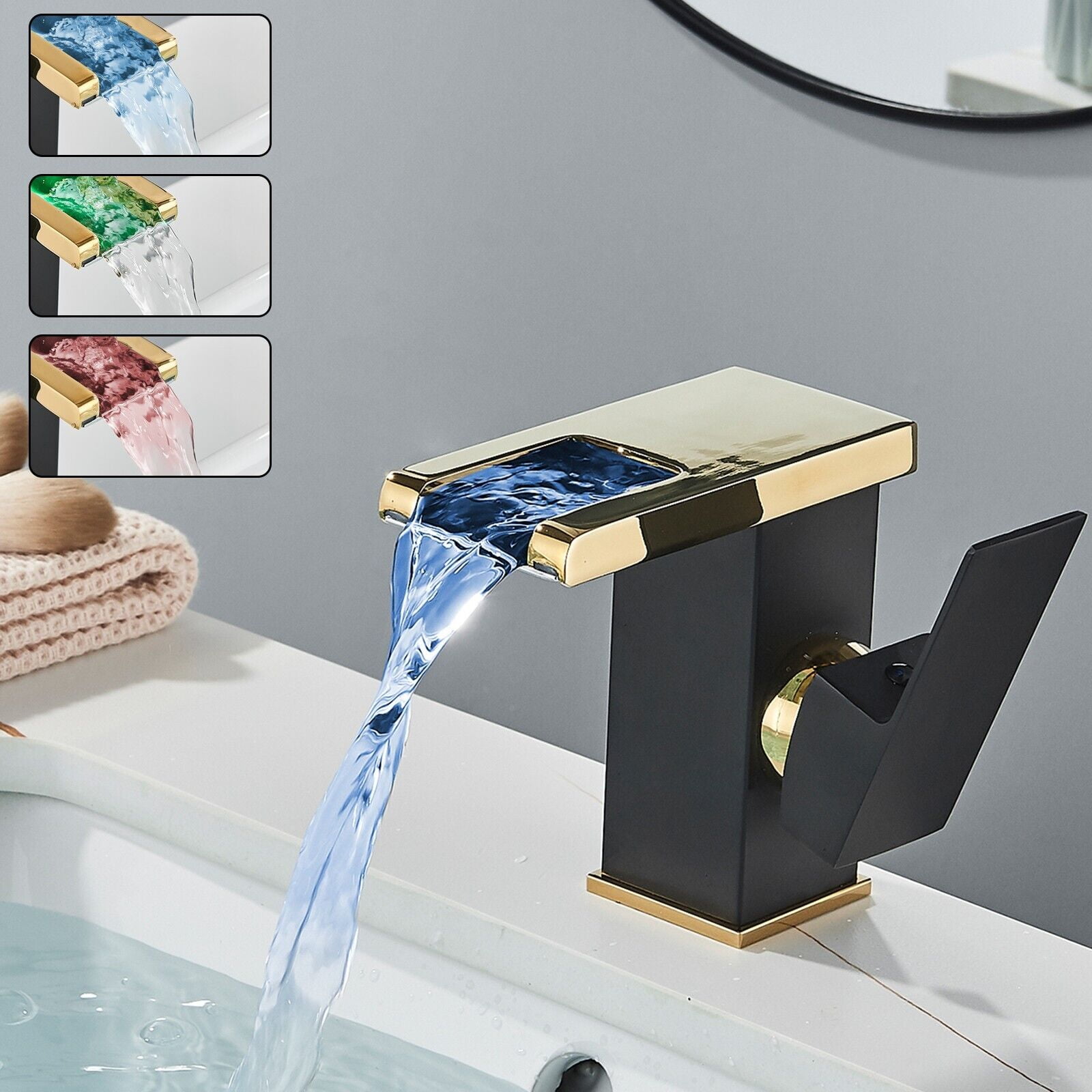 Black  Gold LED Bathroom Sink Faucet 1 Hole Basin Vanity Mixer Taps Single Handle