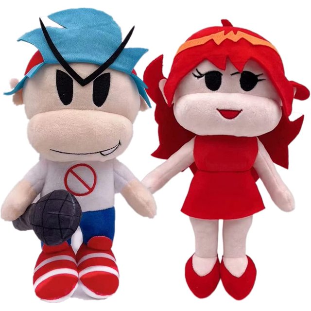 muñecos de peluche suaves friday night funkin jamw spooky slid y pump para decoración del hogar regalo de cumpleaños — vista frontal de dos peluches inspirados en el videojuego; muñeco con gorro azul, cejas negras inclinadas, camiseta blanca con símbolo rojo, pantalones azules, zapatos rojos y micrófono de felpa; muñeca con vestido rojo, cabello y diadema amarilla y rasgos bordados; felpa corta beige y roja con relleno acolchado visible en las costuras; fondo blanco; pueden colocarse en sofá, cama o escritorio como decoración o regalo creativo.