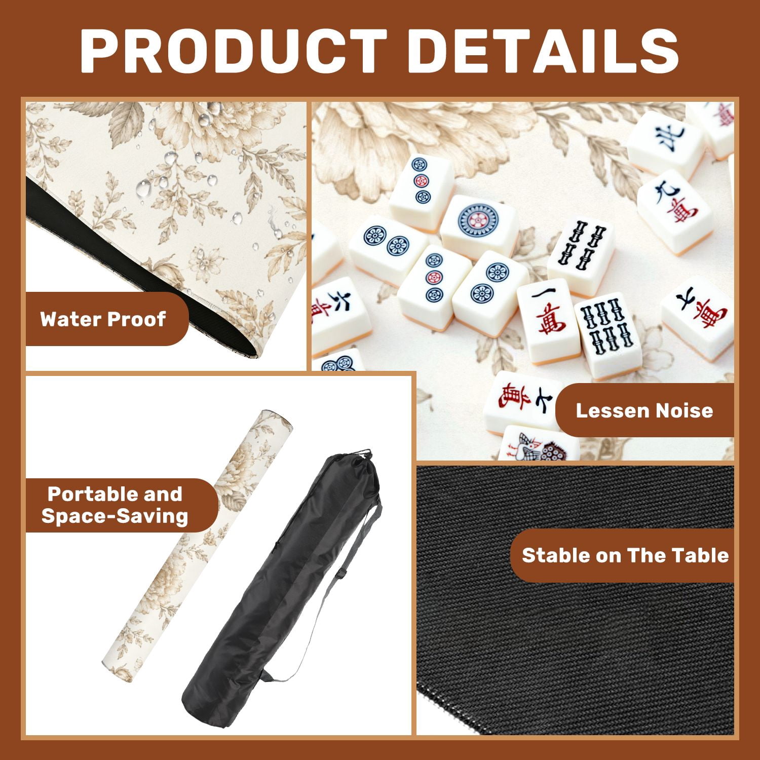 Mahjong Mat 31.5" x 31.5" Vintage Beige Peony Floral Toile Elegant Botanical Details Non-Slip Noise Reduction American Mahjong Tiles Table Cover for Dominoes Poker Card Board Games Gift