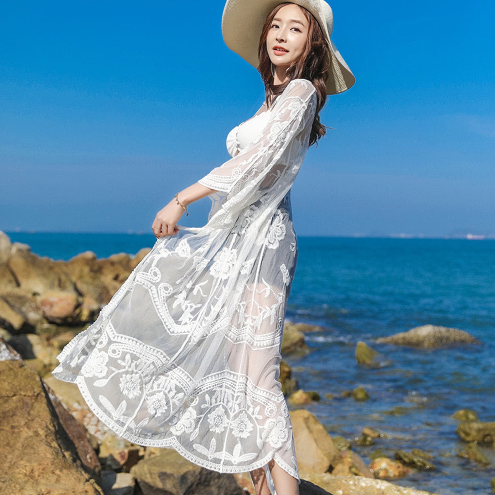 【SALE】 Summer Women RABBITH Embroidery See Cardigan Kimono Lace Clothing
