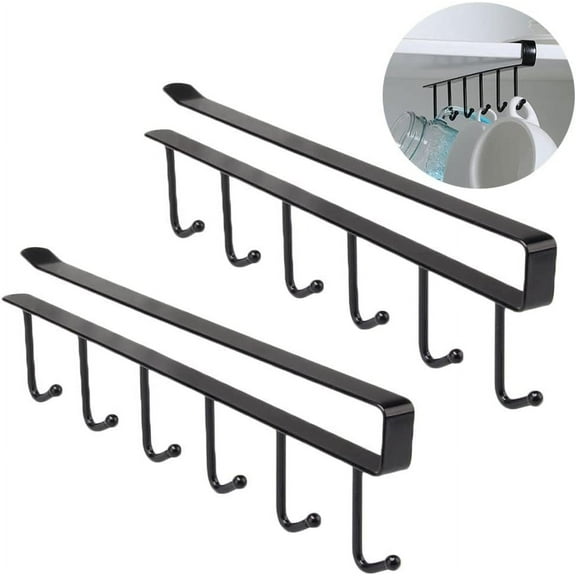 2 Pack 6 Hook Under Cabinet Mug Hanger - Adhesive Cup Holder Hanger Under Cabinet - Coffee Cup Mug Holder Hanger for Kitchen - Fit for 0.86 Inch Thickness Shelf or Less