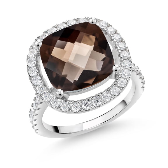 Gem Stone King 925 Sterling Silver Ring Smoky Quartz Moissanite (6.98 Cttw)