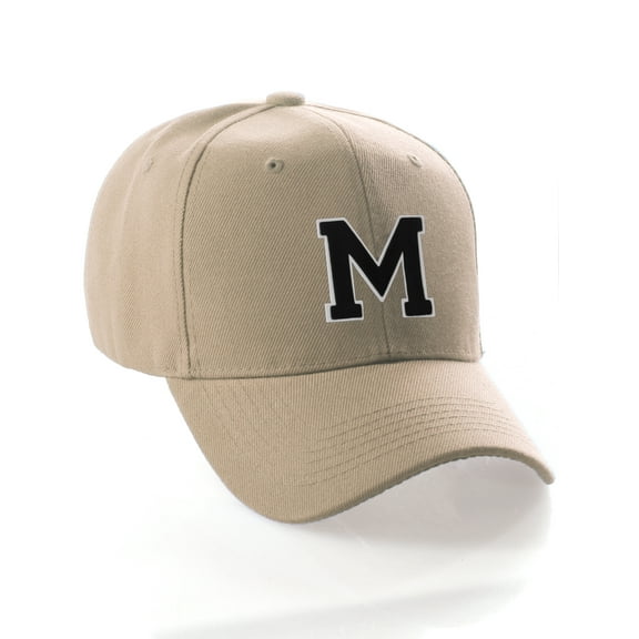 Classic 3D Raised Initial Letters A to Z Structured Baseball Hat Cap Adjustable, Khaki Hat White Black Letter M