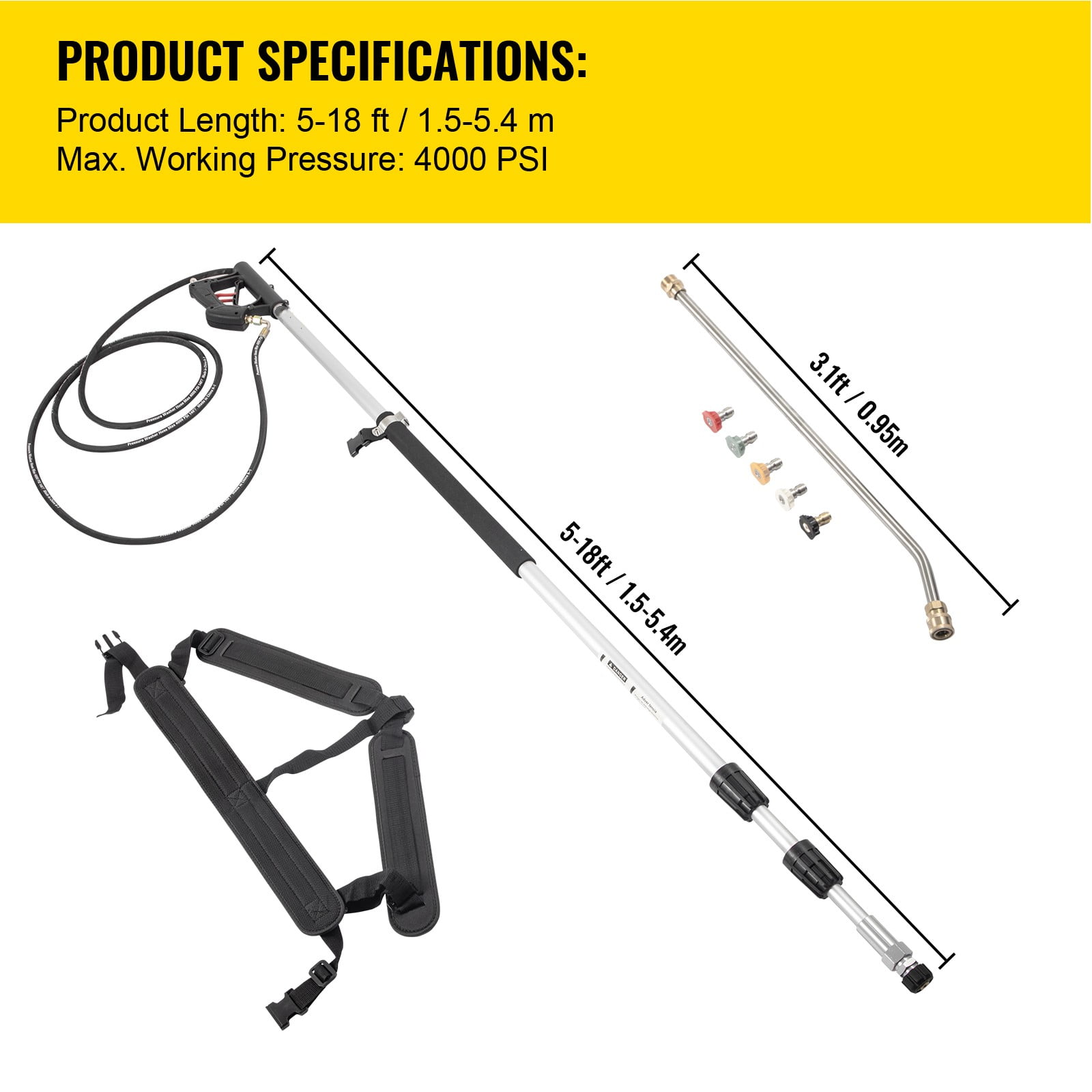 VEVOR Pressure Washer Wand Telescoping 18ft 4000psi W/ Belt 3/8" Quick Connector