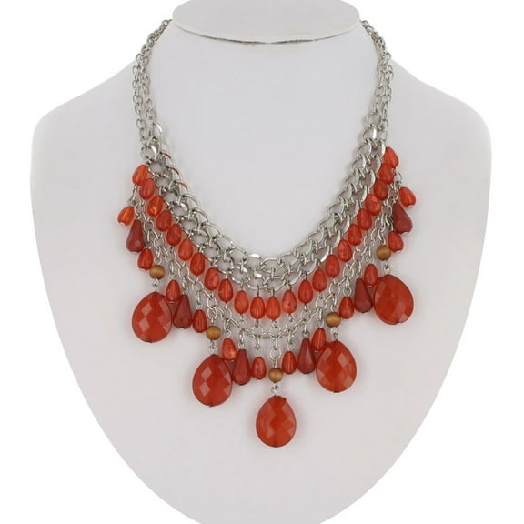Fringe Necklace Statement Silver Tone Coral Red Beaded 14.5-18" Ladies Adult Female