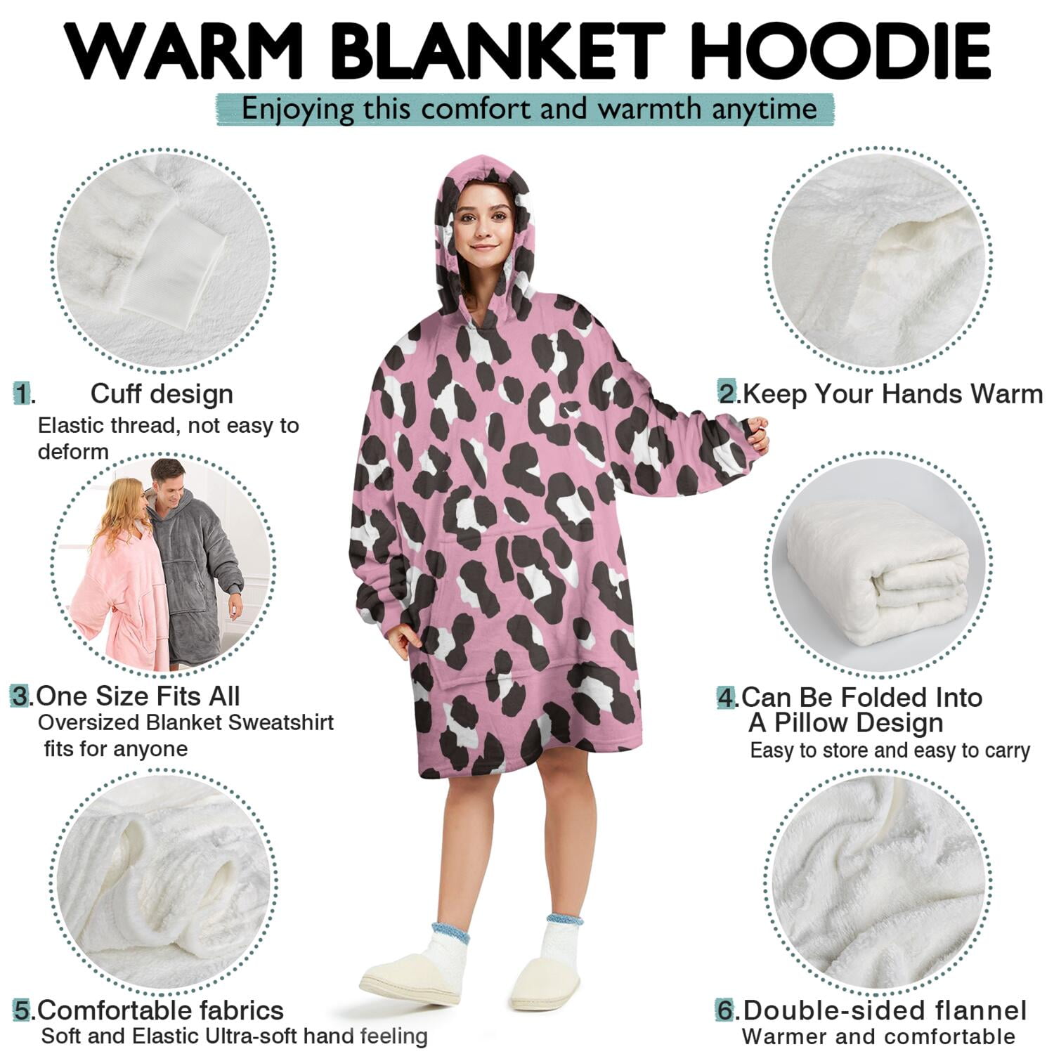 Pink and Black Of Leopard Print Wearable Oversized Blanket,Wearable Blanket Hoodie for Adults,Cozy Hooded Blankets with Super Pockets,Super Warm Fuzzy Pullover for Women & Men
