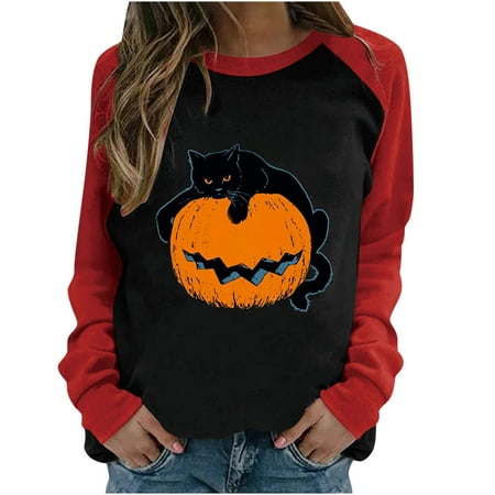 

Moxiu Halloween Shirt for Women Cat and pumpkin Printed Sweatshirt Casual Long Sleeve Round Neck Pullover Tops Casual Patchwork Plus Size Blouse