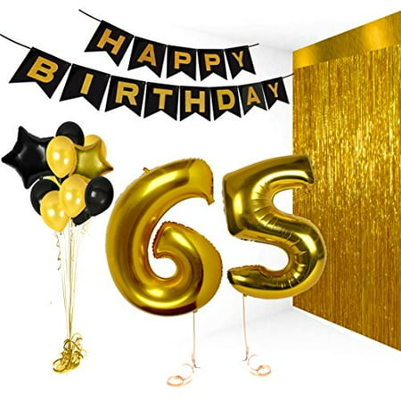 - Happy Birthday Decorations Bday Banner Party Kit Pack B-day Celebration Supplies with Gold and Black Stars Balloons + Extra Large Golden Fringe Curtain for Men or Women (65)