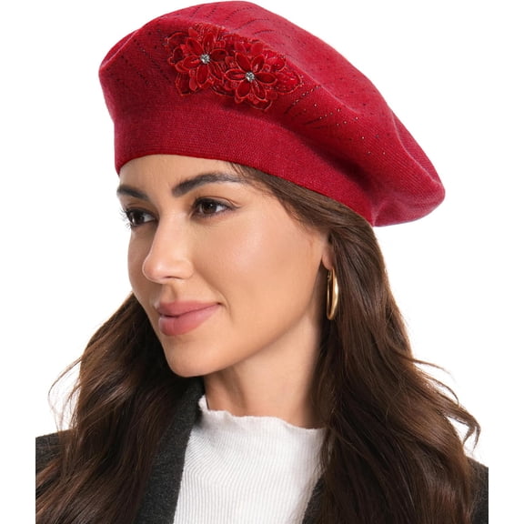 Flower Embroidery Beret Hat for Women, French Style Knitted Beret Hats, Stylish Solid Color Beret Cap for Women Girls Lady