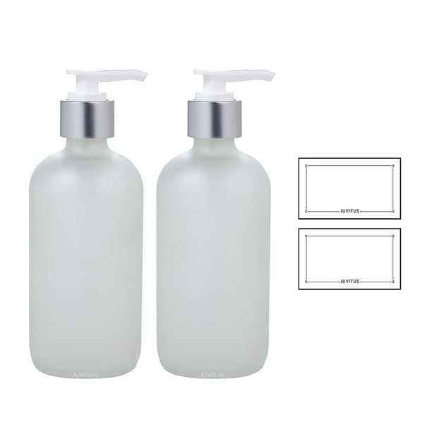 8 oz Frosted Clear Glass Boston Round Bottle with Silver and White