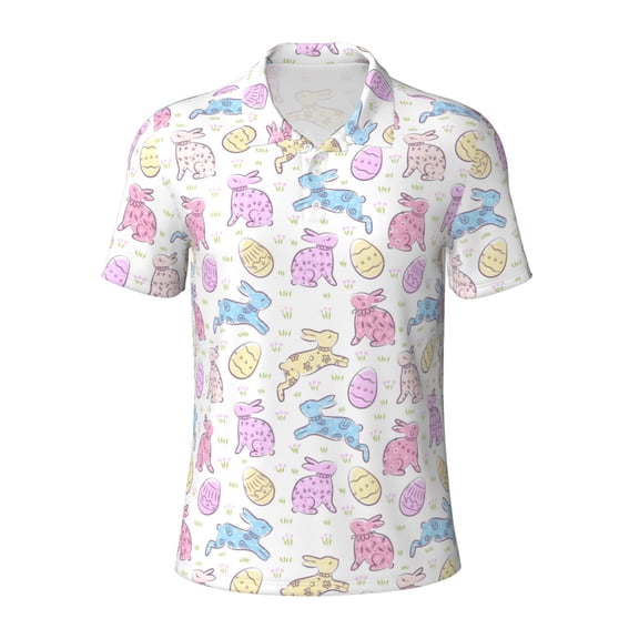 Xecao Easter Colorful Rabbit for Mens' Casual Short Sleeve Button-Down Polo Shirts for a Classic Golf Look