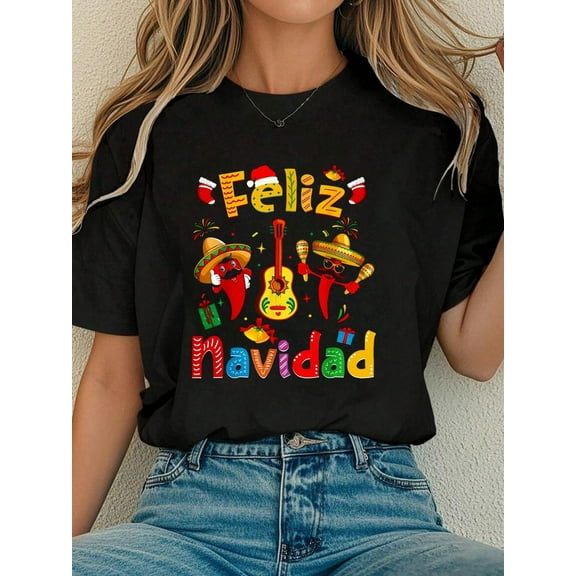 Women Cotton Tshirt Feliz Navidad Mexican Fiesta Hot Pepper Guitar Xmas Party T-Shirt Comfort Tshirt Women