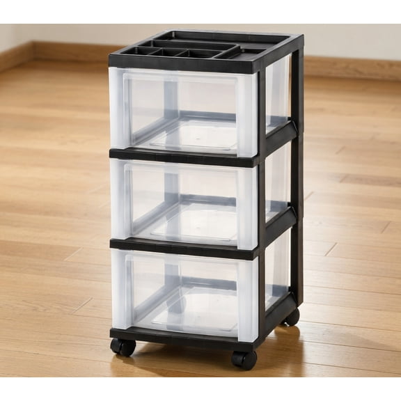 3-Tier Rolling Storage Cart with Clear Drawers and Top Organizer Tray