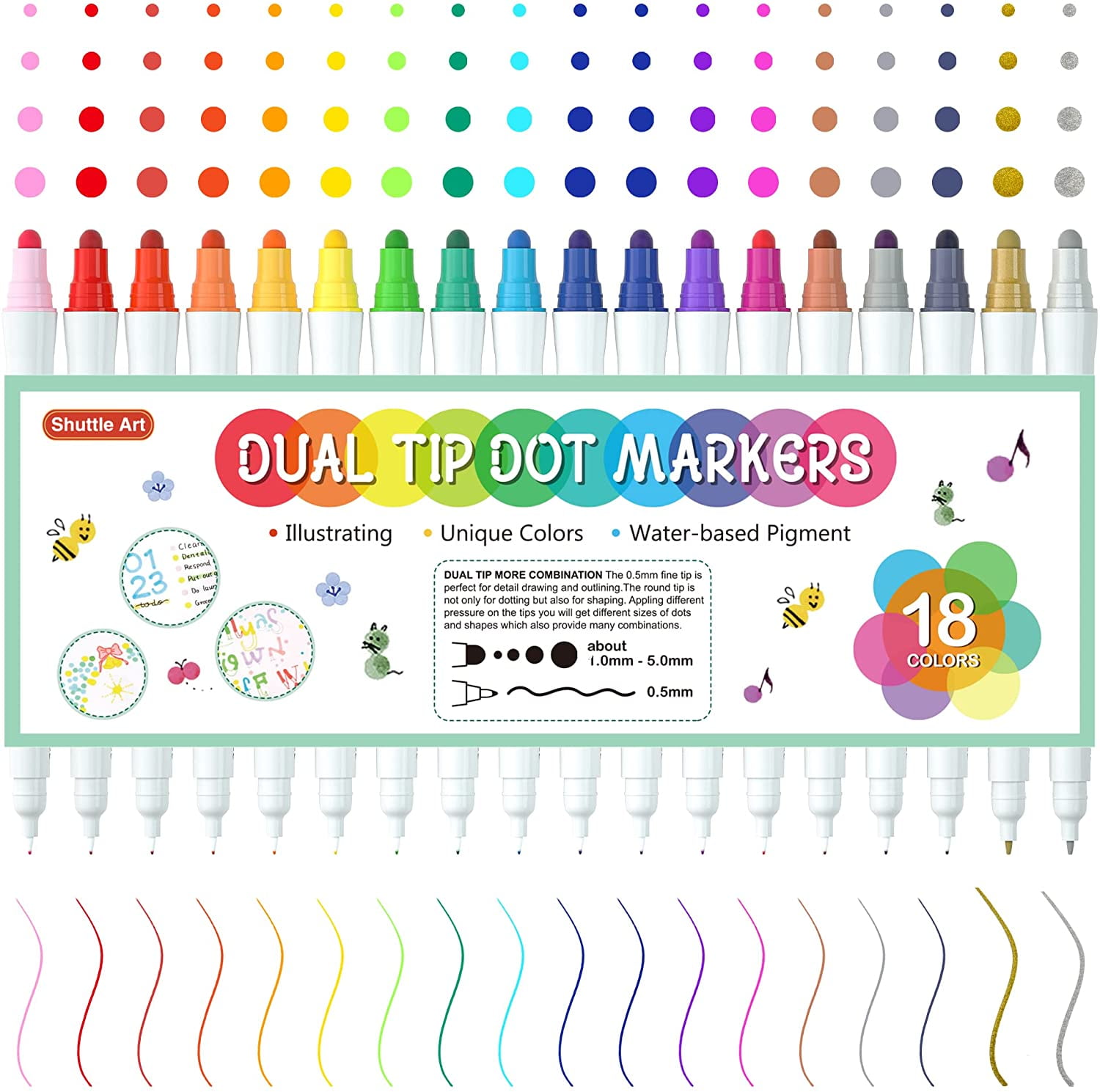 Shuttle Art 18 Colors Dual Tip Dot Marker Pens for Kids Adults, Metallic and Classic Colors, 0.5-1mm Fine Tip and Flexible Dot Tip for Journaling, Lettering, Highlighting, Illustration