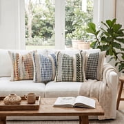 Fancy Homi 2 Pc Textured Chenille Throw Pillow Cover, 16x16 Inch, Boho Sky Blue Striped Decorative Cushion Case for Couch Living Room Bed
