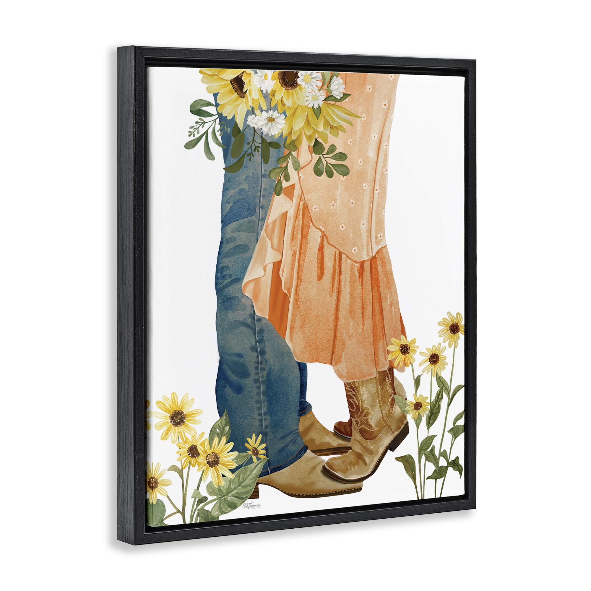 Stupell Industries Floral Western Couple Novelty Painting Black Floater Framed Canvas Art Print Wall Art, 17 x 21