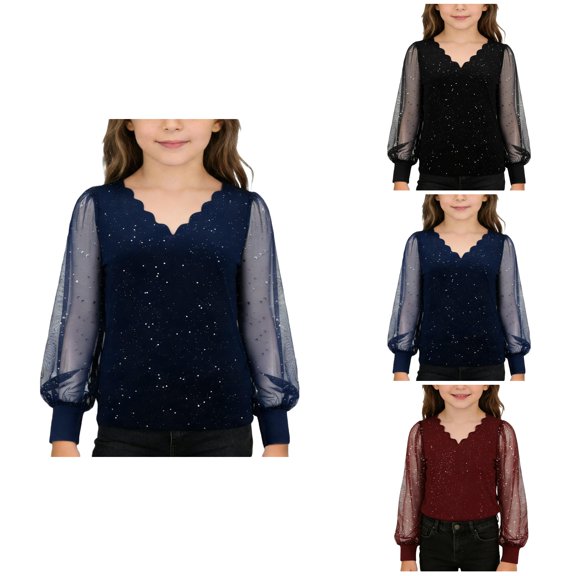 Girls Long Sleeve Glitter V-Neck Blouse with Sparkly Collar â Loose Fit Sheer Mesh Casual Party Top for Tweens & (Size 4-14)