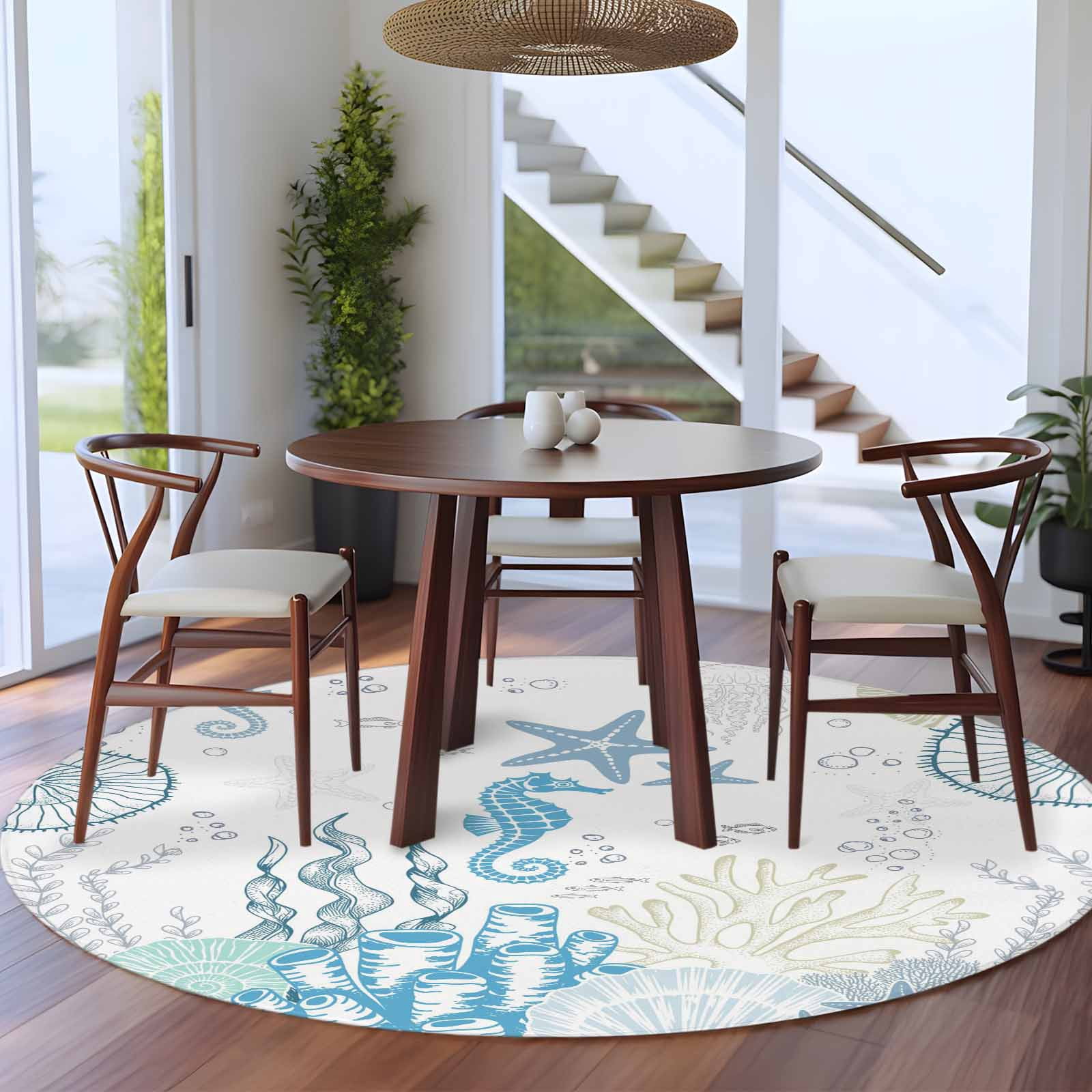 Round Area Rugs Collection 7 Ft, Coastal Blue Non-Slip Residential Carpet, Ocean Coral Starfish Jellyfish Seahorse Indoor Crawling Mats Runner Rugs for Living Room/Dining Room/Bedroom