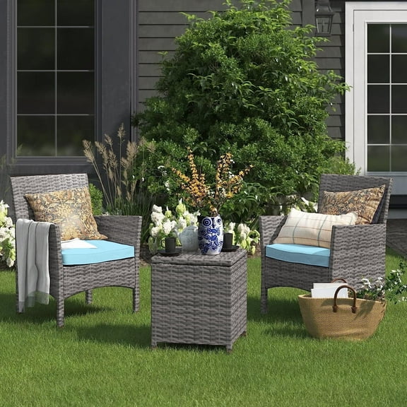 Barton 3-Piece Outdoor Wicker Conversation Bistro Set, Space Saving Patio Furniture For Balcony, Garden With Side Table - Aqua