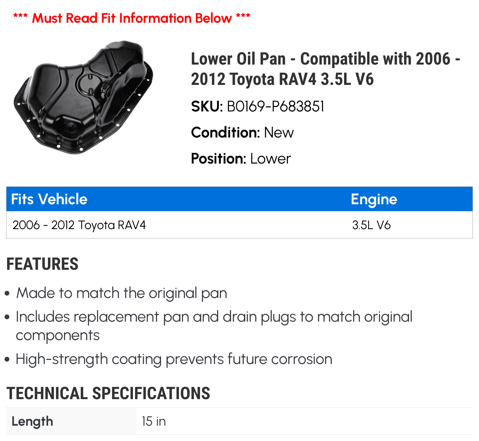 Lower Oil Pan - Compatible with 2006 - 2012 Toyota RAV4 3.5L V6 - Dorman