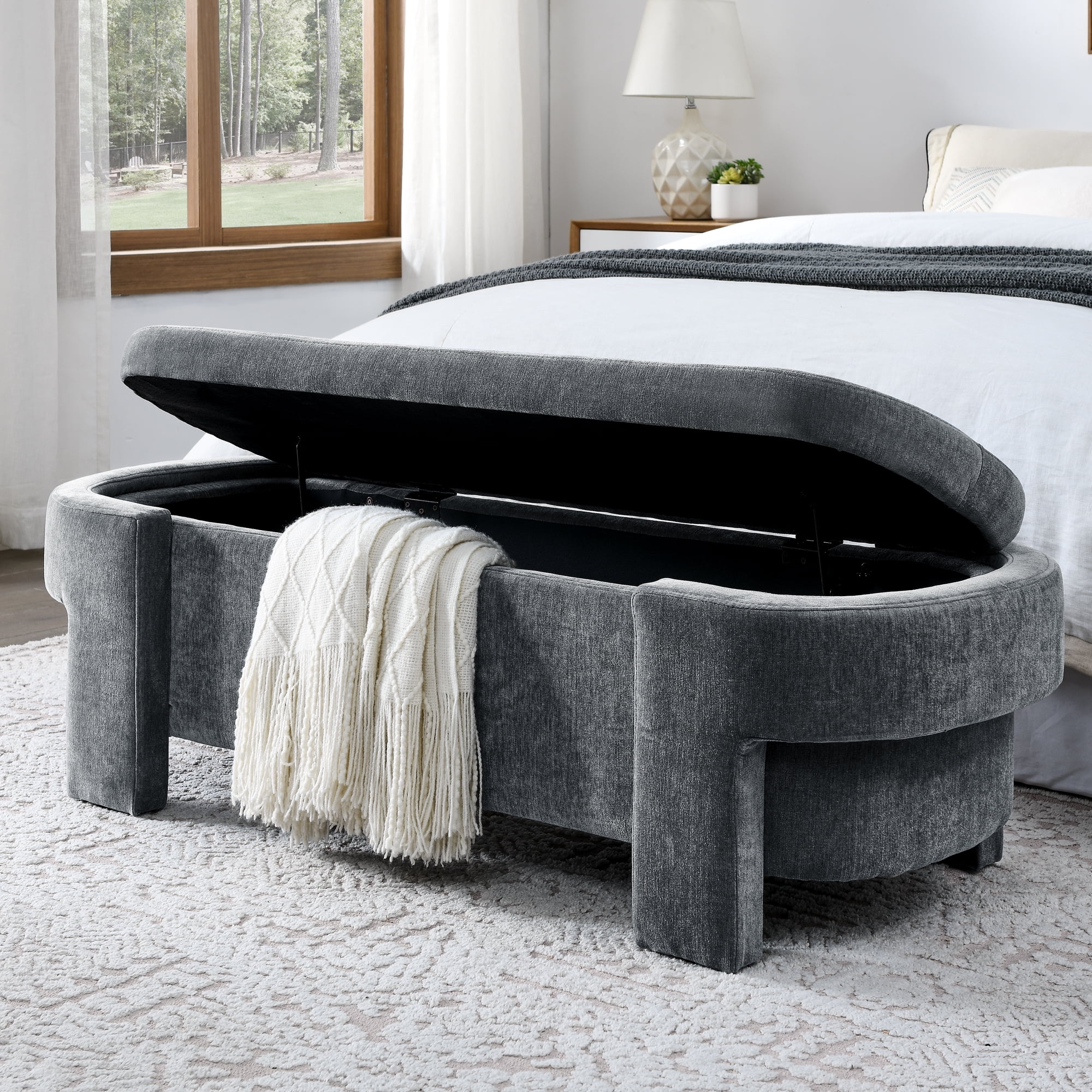 BSHTI Linen Fabric Upholstered Bench with Large Storage Space for the Living Room, Entryway and Bedroom,Dark Gray