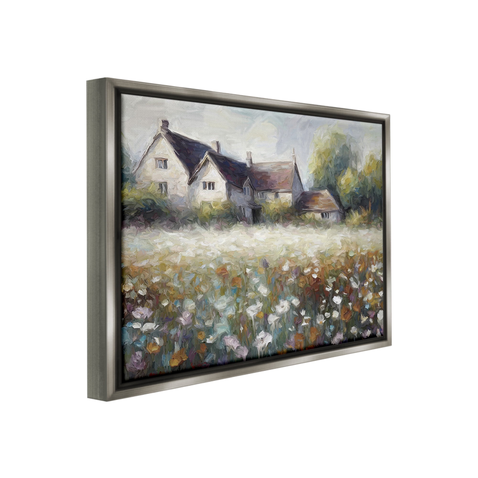 Stupell Industries Traditional Farmhouse Meadow Landscape Painting Gray Floater Framed Canvas Art Print Wall Art, 31 x 25