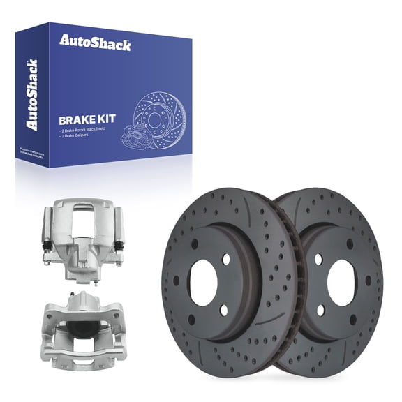 AutoShack Front Vented Drilled & Slotted Coated Brake Rotors Black Matte Finish   Calipers 4-PC Brake Kit Replacement for 2013-2017 Jeep Wrangler 2018 Jeep Wrangler JK BlackShield 11.89" (302.1 mm)