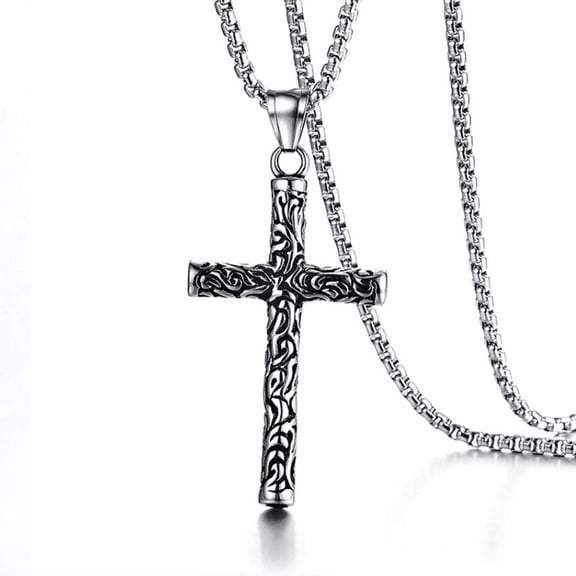 Men's Silver Stainless Steel Vintage Engraved Cross Pendant Necklace, 24" Box Chain