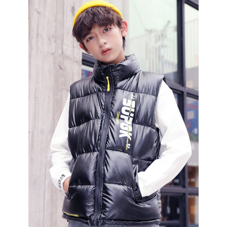 HBFAGFB Jackets for Boys Fashion Kids Sleeveless Winter Hooded Jacket Vest  Outfits Clothes Black Size 150