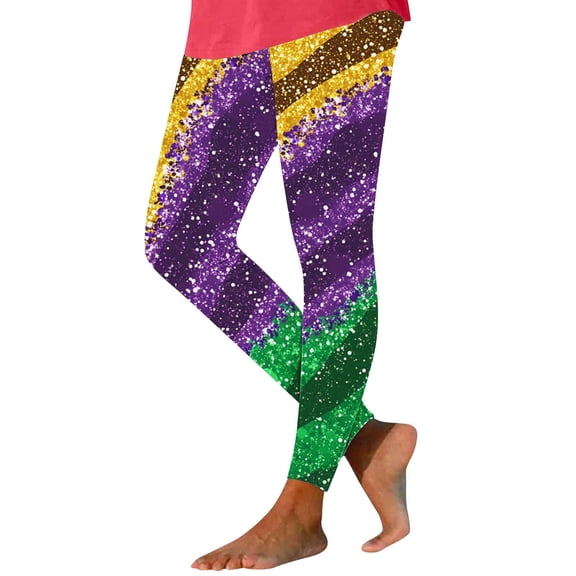 Hvot&aat Women Mardi Gras Leggings Stretch High Waisted Yoga Pants Sparkly Printed Carnival Party Pant