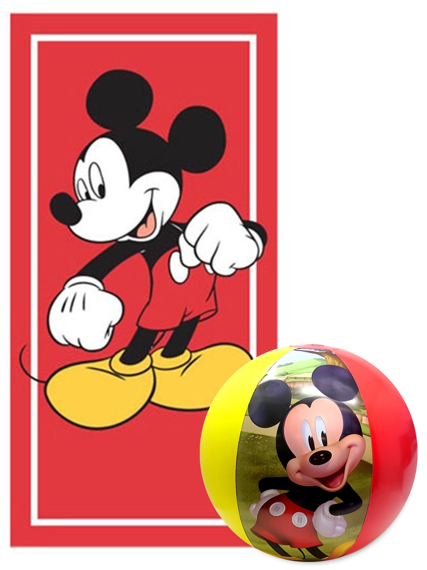 Mickey Mouse Kids Beach Towel 58x28 Red & Mickey Beach Ball 2Pc Pool Set