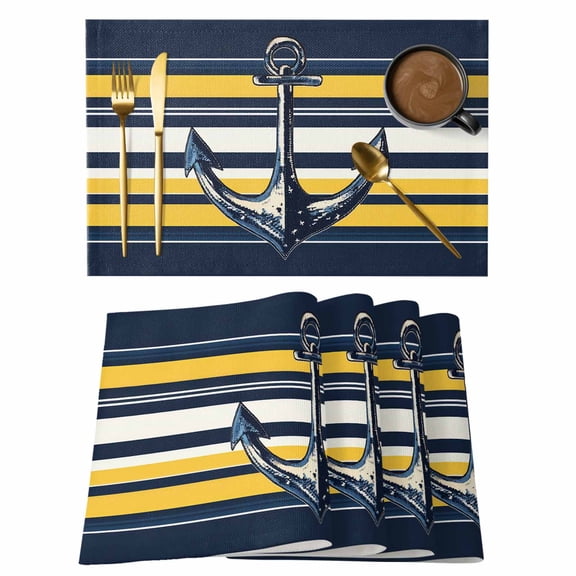 Nautical Anchor Placemats Set of 4 Navy Blue Yellow Striped Farmhouse Ombre Place Mats Indoor Wipeable Table Mats Washable Cloth Dining Table Placemats for Kitchen Holiday Party Home Decor 13x19 Inch