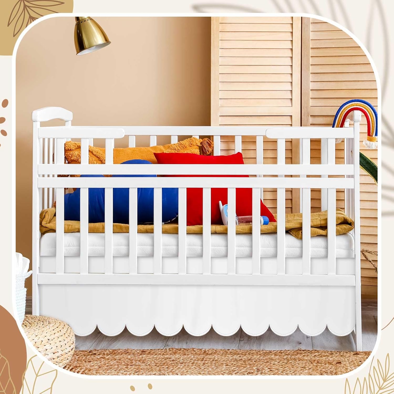 AUQ White Scalloped Crib Skirt; Drop Pleated Dust Ruffle with Split Corners for Baby Boys Girls Soft 4-Sided Crib Bed Skirt Nursery Standard Toddler Bedding