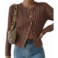 thumbnail image 2 of Cardigan Sweaters for Women Casual Button Down Cable Knit Long Sleeve Crewneck Knitted Jackets Brown XL, 2 of 9