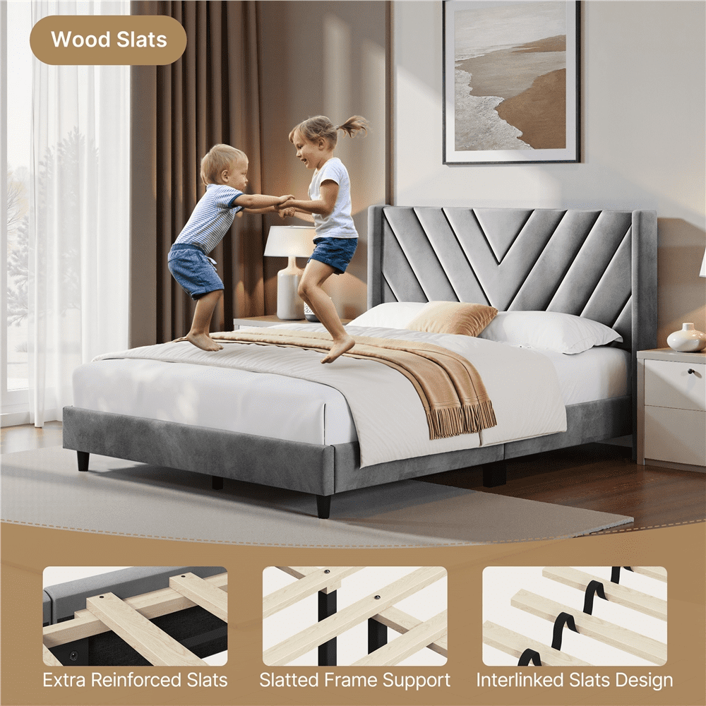 Yaheetech Queen Size Upholstered Platform Bed Frame, Wooden Slat Support, Light Gray